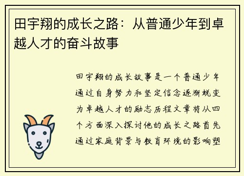 田宇翔的成长之路：从普通少年到卓越人才的奋斗故事